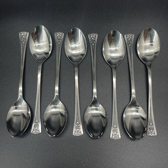 NOS Northland Stainless Korea Pasadena Rose Set of 8 Tea Spoons MCM Flatware - Picture 2 of 7